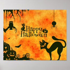 Póster Feliz Halloween Black cat, búho, calabazas