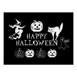 Póster Feliz Halloween blanco negro espantado