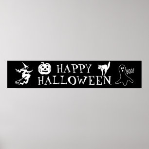 Póster Feliz Halloween blanco negro espeluznante
