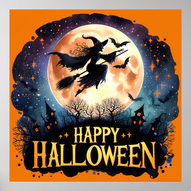 Póster Feliz Halloween - Bruja en la sala de vuelo (Frente)