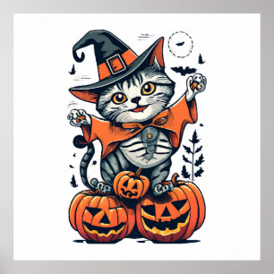 Póster Feliz Halloween Bruja Gato