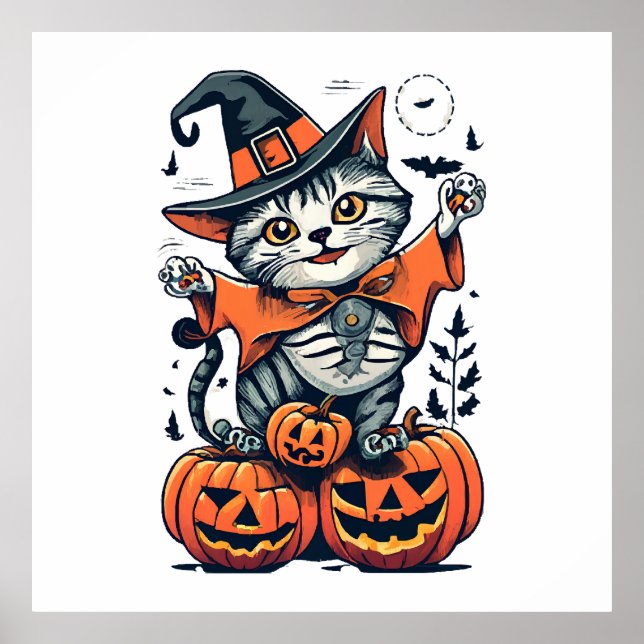 Póster Feliz Halloween Bruja Gato (Frente)