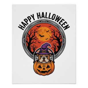 Póster Feliz Halloween Bulldog Bruja Calabaza Camiseta Vi