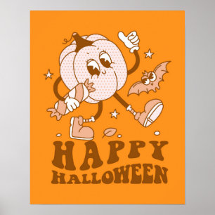 Póster Feliz Halloween  Calabaza de punto de Polka retro