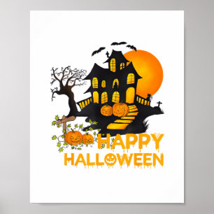 Póster Feliz Halloween Calabaza Espeluznante Casa Embruja