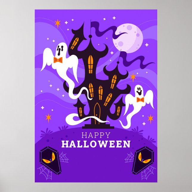 Póster Feliz Halloween, casa embrujada y fantasma (Frente)