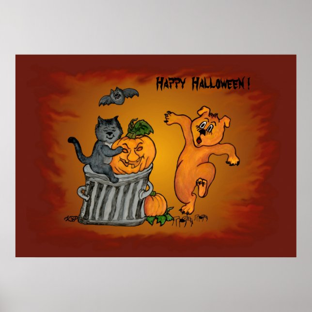 Póster Feliz Halloween con gatos, perro y araña (Frente)