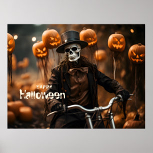 Póster Feliz Halloween Cute Skeleton y calabazas