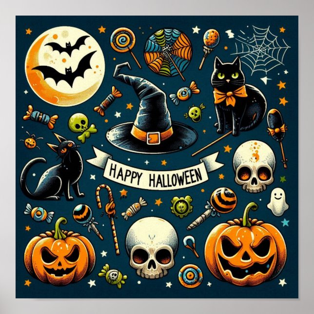 Póster Feliz Halloween Diversión y Espeluznante (Frente)