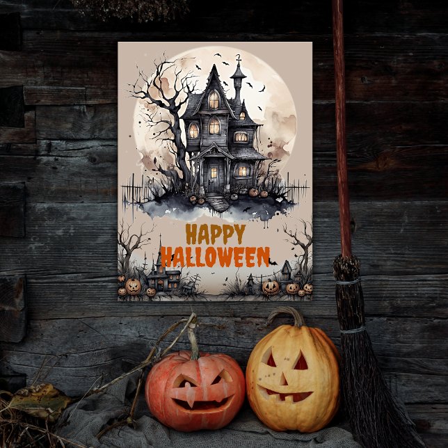 Póster Feliz Halloween Eerie Haunted House (Get into the Halloween spirit with our spooktacular poster! Hang it up for maximum Halloween vibes!)