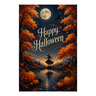 Póster Feliz Halloween Encantado Otoño Calabaza