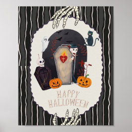Póster Feliz Halloween Esqueleto y Gato Negro Diseño Vint