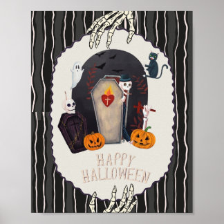 Póster Feliz Halloween Esqueleto y Gato Negro Diseño Vint