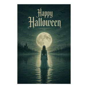 Póster Feliz Halloween Etéreo Silueta Gótica Bajo la Luz