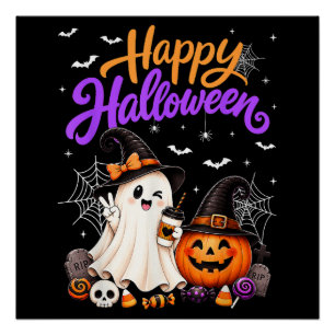 Póster Feliz Halloween Fantasma Lindo Calabaza Espeluznan