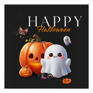 Póster Feliz Halloween Feliz y Lindo en Negro y Naranja  