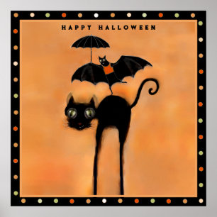 Póster Feliz Halloween Gato Negro y Acróbata