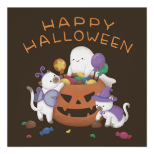 Póster Feliz Halloween: gatos y fantasma