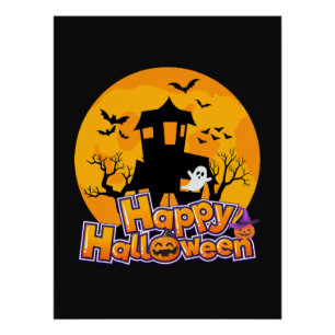 Póster Feliz Halloween Hauned House Moon