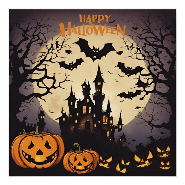 Póster Feliz Halloween - Hogar embrujado, calabazas y mur (Anverso)