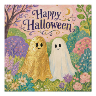 Póster Feliz Halloween Jardín de Flores Fantasma Lindo