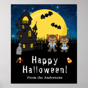 Póster Feliz Halloween Letrero de la Fiesta Azul de Hombr