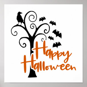 Póster Feliz Halloween Naranja Negro Árbol Muerto Murciél