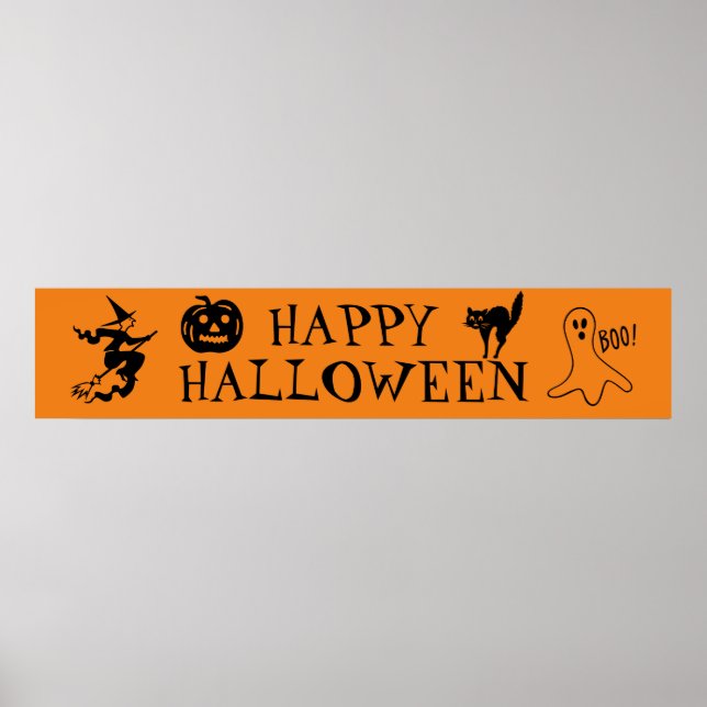 Póster Feliz Halloween negro y naranja espantado (Frente)