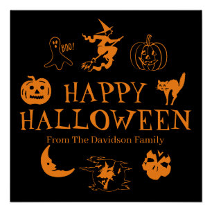 Póster Feliz Halloween nombre personalizado naranja negro