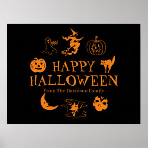 Póster Feliz Halloween nombre personalizado naranja negro