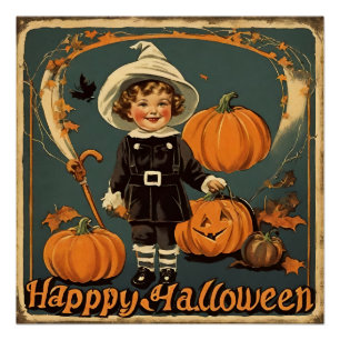 Póster Feliz Halloween Vintage Child and Pumpkins