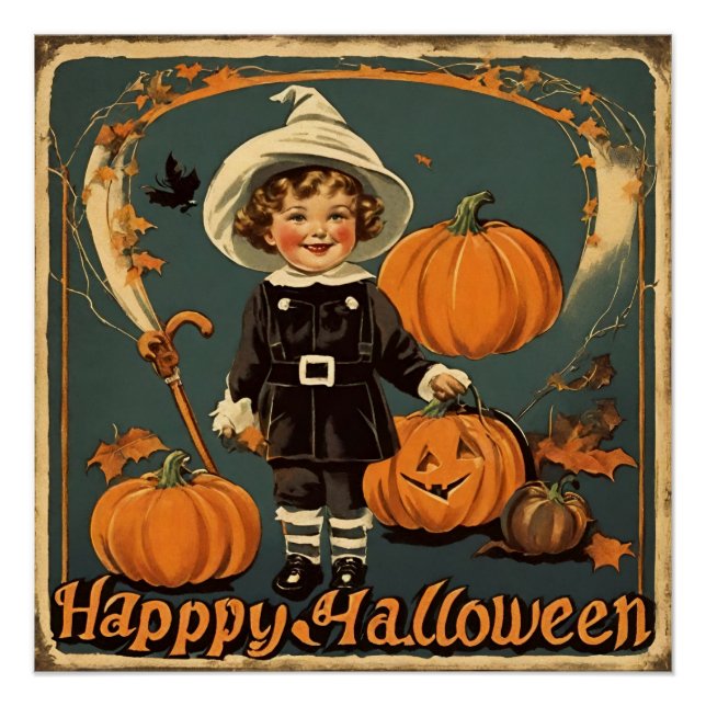 Póster Feliz Halloween Vintage Child and Pumpkins (Anverso)