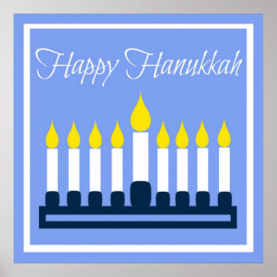 Póster Feliz Hanukkah azul y blanco