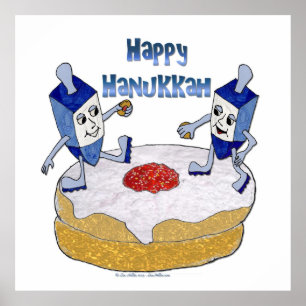 Póster Feliz Hanukkah Dancing Dreidels Jelly Doughnut