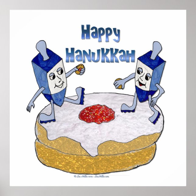 Póster Feliz Hanukkah Dancing Dreidels Jelly Doughnut (Frente)