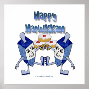 Póster Feliz Hanukkah Dancing Dreidels Jelly Doughnut