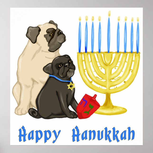 Póster Feliz Hanukkah Pugs y Menorah Poster - Personaliza (Frente)