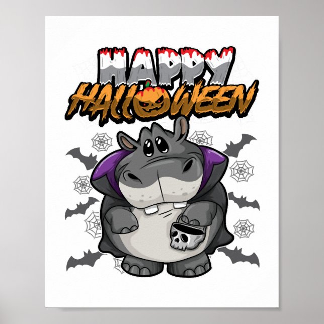 Póster Feliz Hippopótamo Disfrazado de Halloween (Frente)
