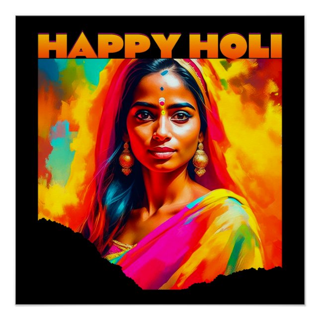 Póster Feliz Holi bella mujer (Anverso)