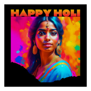 Póster Feliz Holi, bella mujer, azul