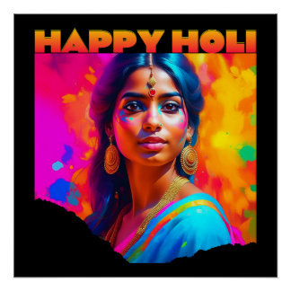 Póster Feliz Holi, bella mujer, azul
