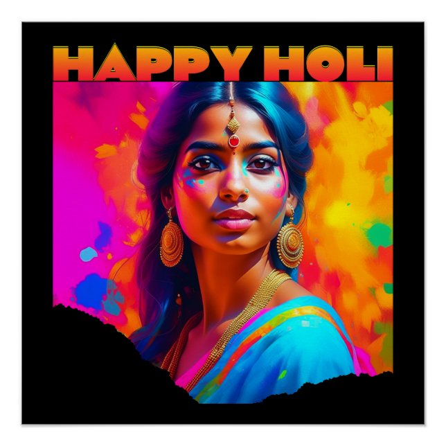 Póster Feliz Holi, bella mujer, azul (Anverso)
