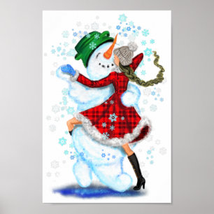 Póster Feliz hombre de nieve y Chica Fiesta de Navidades 