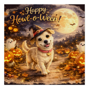 Póster Feliz Howl-o-Ween Diseño de Halloween de Perro Ado