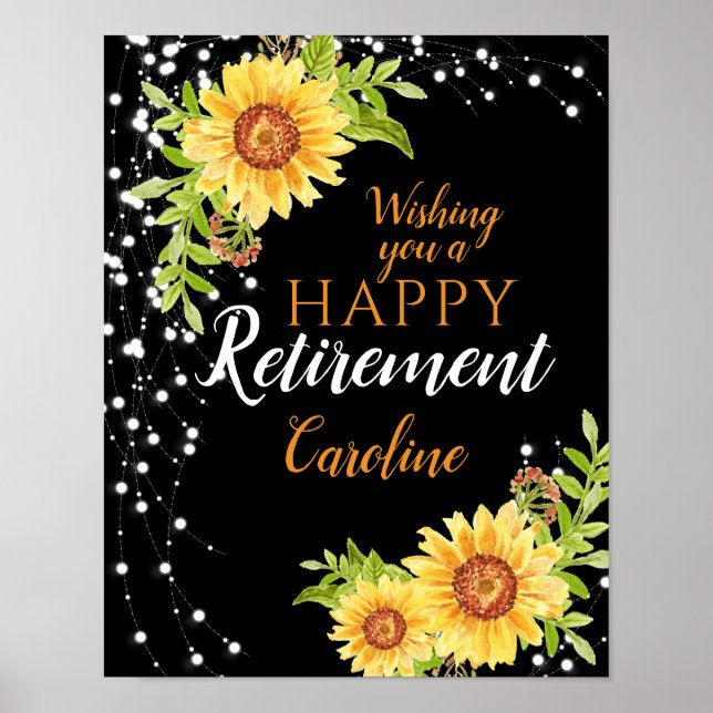Póster Feliz Jubilación Floral Girasol Negro (Frente)