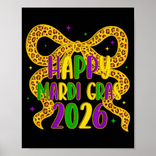 Póster Feliz Mardi Gras 2026 Coquette Bow Chica Mujeres C