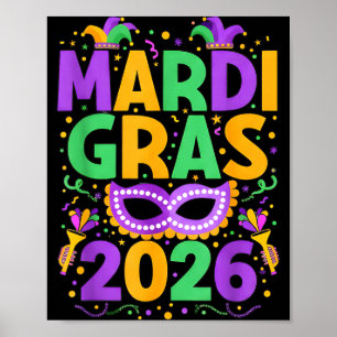 Póster Feliz Mardi Gras 2026 Disfraz Nueva Orleans Combin