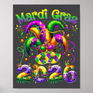 Póster Feliz Mardi Gras 2026 Sombrero de Bufón Nueva Orle