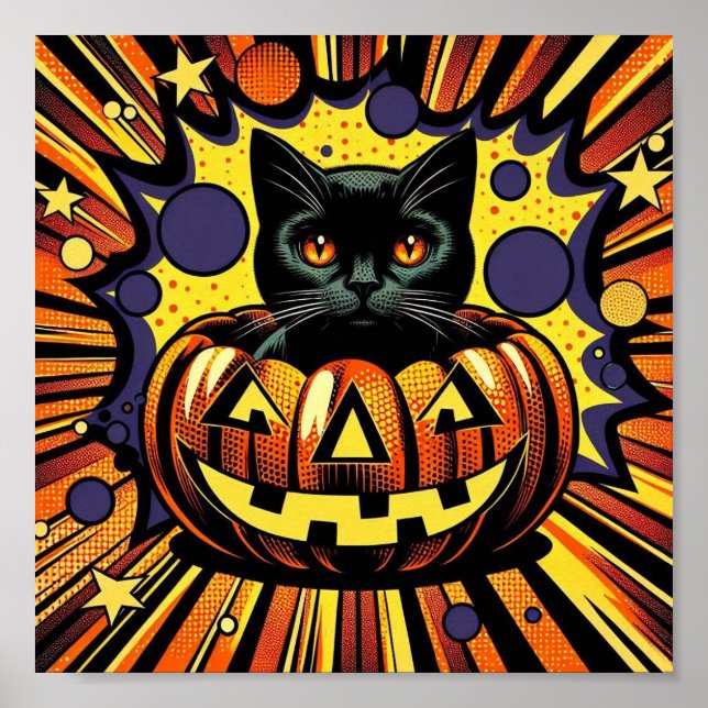 Póster ¡Feliz Meow-lloween!: Famoso gato negro en Hallowe (Frente)