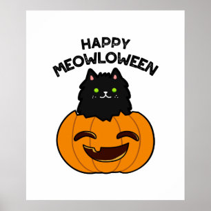 Póster Feliz Meowloween Funny Halloween Black Cat Pun